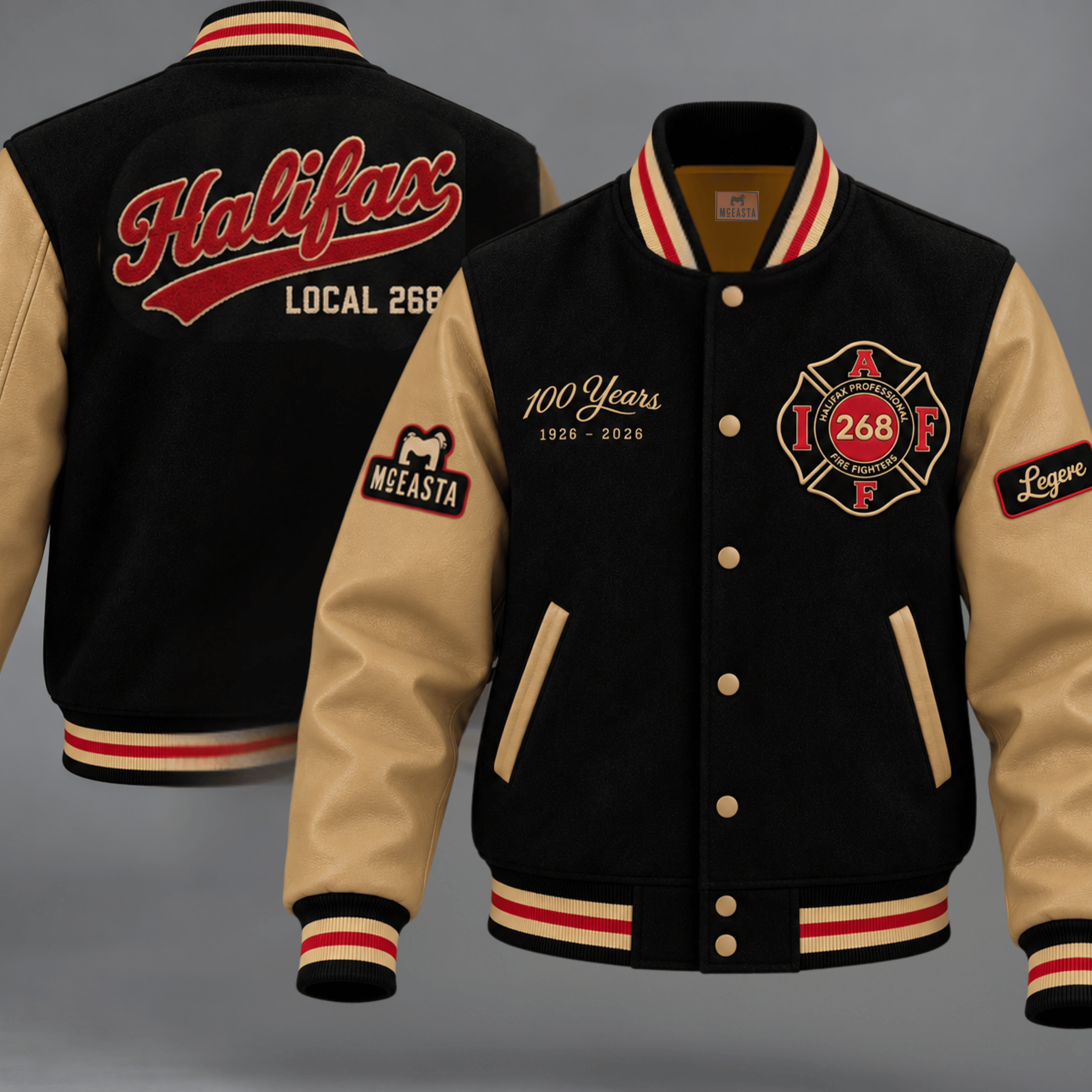 Halifax Local 268 centennial jacket front and back with black body, tan sleeves and red and cream detailing